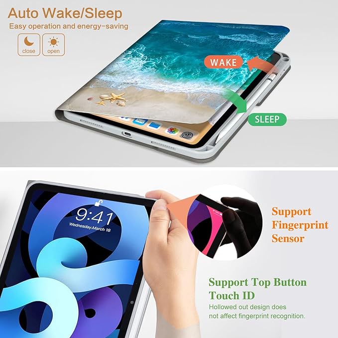 Vimorco for iPad Air 11 Inch Case M4 2026,for iPad Air 5th/4th Gen Cases 10.9-inch,for iPad Pro 11 Inch Case 4th/3rd/2nd/1st Generation 360 Degree Rotating Pencil Holder 4 Viewing Angles, Ocean Beach