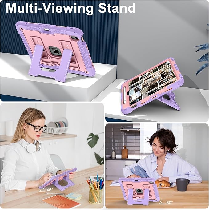 Kids Friendly Case for iPad Air 11 Inch M4 M3 M2 2026/2025/2024 Case with Pencil Holder & Shoulder Strap, Military Grade Shockproof Kickstand Hard Shell Protective Cover,Pink+Purple