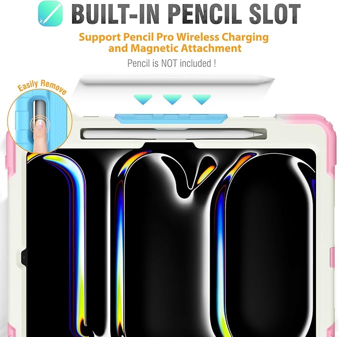 HXCASEAC for iPad Pro 13 Inch Case (M5/M4) 2025/2024, Shockproof Design with Pencil Holder, Protector, Rotating Stand, Hand Strap, Heavy Duty Protective iPad Pro13 Cover A3360 A2925, Rainbow Pink