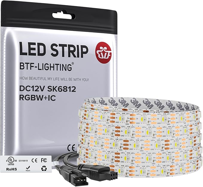 BTF-LIGHTING SK6812(Similar WS2812B) UL Listed RGBW RGB+Cool White(6000K) Individually Addressable DC12V 16.4FT 60LED/m 4 Colors in 1 Light Dream LED Strip IP30 White PCB(No Adapter or Controller)