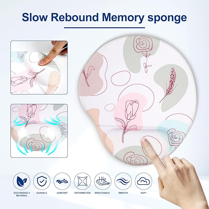 Ergonomic Mouse Pad with Wrist Support,Cute Floral Pattern Mouse Pads with Wrist Rest,Comfortable Mouse Pad for Home Office Gaming Work Computers Laptop with Non-Slip PU Base (Rose Fantasy)