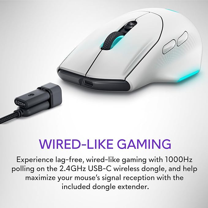 Alienware Wireless Gaming Mouse AW620M - Wireless/Wired, 1 x USB - 4 pin USB Type A, 26000 dpi, 3.52oz (99g) Weight, 7 Buttons, Non-Slip Grip, up to 140 Hours of Gaming - Lunar Light