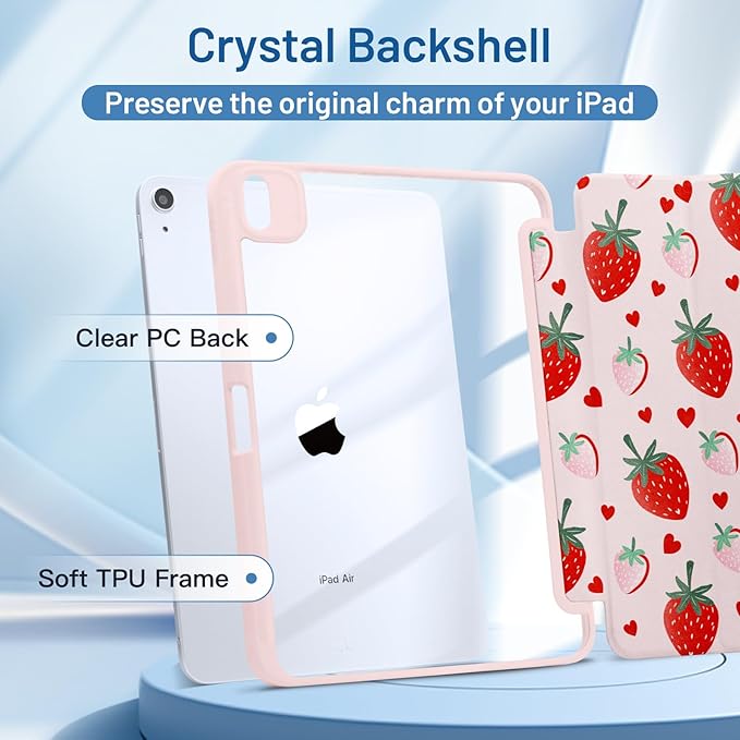MrARTIST for iPad Air 11 Inch Case M3/M2 - Air 5th/4th Generation 10.9" Cute Women Girls Girly Kawaii Aesthetic Kawaii Design for Apple Air Tablet Cover with Pencil Holder, Strawberry