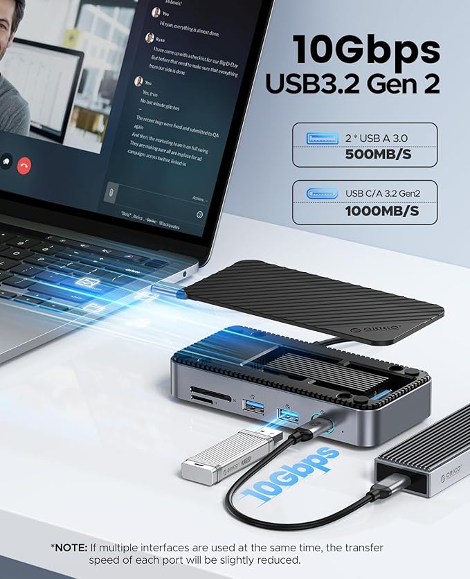 USB C Hub with M.2 SSD Enclosure, New Upgrade ORICO 10-in-1 USB-C Docking Station with Built in fan, 10Gbps USB 3.2 Gen2 M.2 NVMe SSD Reader, Support 4K@60Hz HDMI, 100W PD, Ethernet, SD/TF - DPM2P9-V1