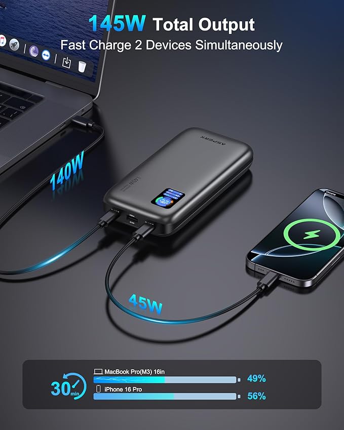 AsperX Laptop Power Bank, 25,000mAh 140W PD 3.1 Fast Charging Portable Charger, TFT Smart Display USB C Battery Pack(92.5Wh) for MacBook/iPhone 17/Dell XPS/Galaxy S25/Steam Deck/ipad (Flight-Approved)