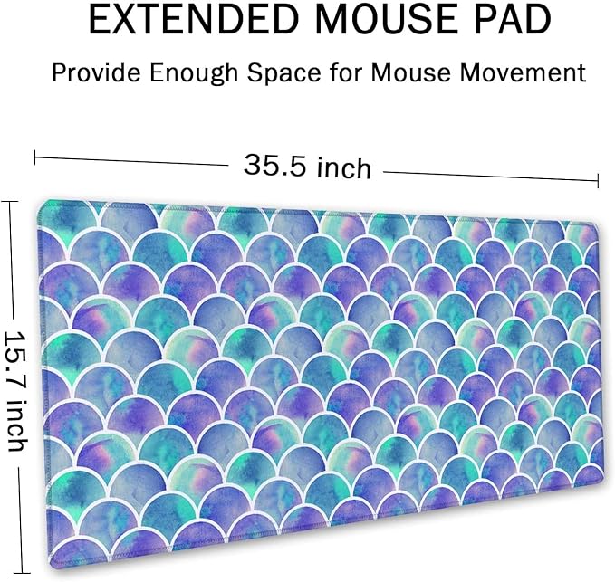 SSOIU Desk Mat, Extended Gaming Mouse Pad 35.5x15.7 in, Large Non-Slip Rubber Base Mousepad with Stitched Edges, Waterproof Keyboard Mouse Mat Desk Pad for Work, Game, Office -Watercolor Mermaid Scale