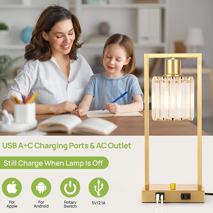 16" Desk Lamps for Home Office, Bedside Lamps with USB C+A Ports and Outlet, Gold Fully Stepless Dimmable Industrial Table Lamps with Crytal Glass Shade for Reading Living Room, LED Bulbs Included