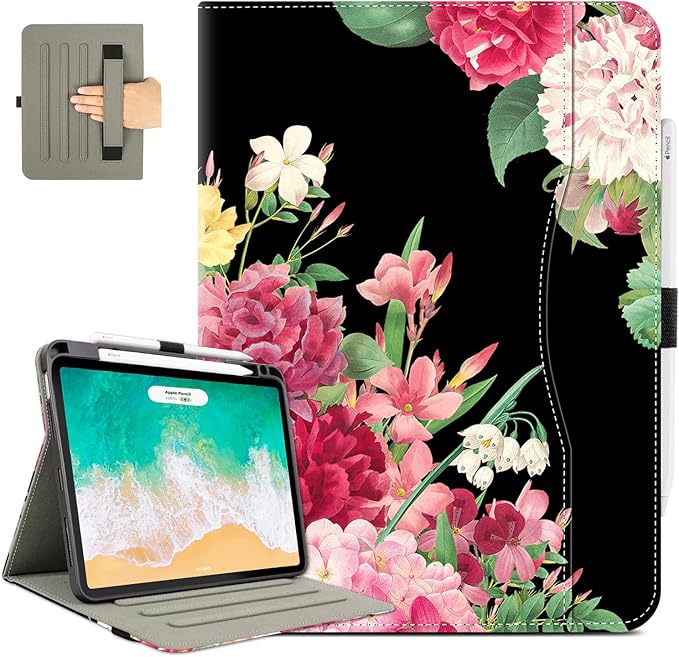 for iPad Air 11 Inch Case M4/M3/M2 2026/2025/2024, Black Flower for iPad Pro 11 Inch Case 4Th/3Rd/2Nd/1St Generation, for iPad Air 5Th/4Th Gen Cases 10.9 Inch Pencil Holder/Hand Strap/Pocket