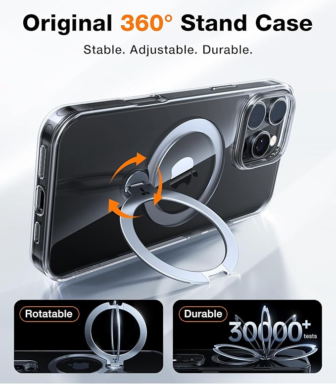 TORRAS 360° Spin Magnetic Stand Case for iPhone 16 Pro Max Case, Fit for MagSafe, 12FT Military Grade Protective Case for 16 Pro Max Phone Case with Kickstand Rotatable, Ostand Spin, Clear, 6.9 inch
