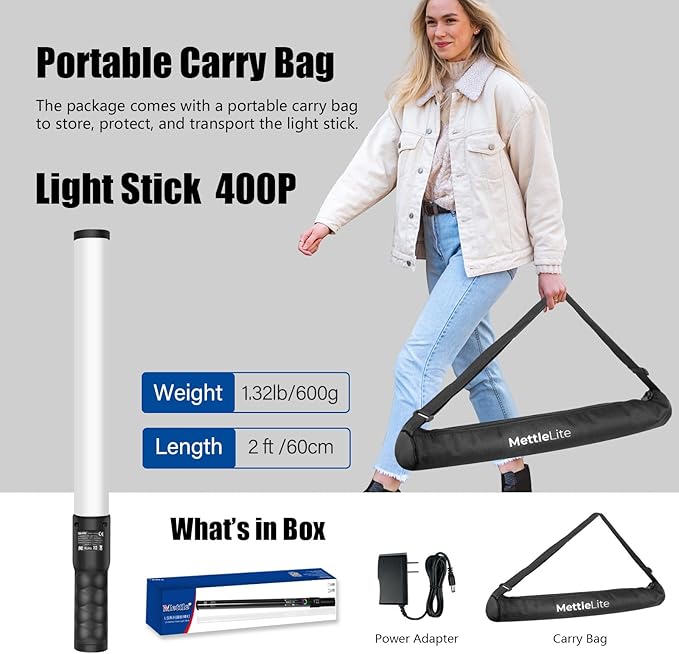 Mettlelite LS400P RGB Pixel LED Light Stick, Handheld Full Color RGBWW Continuous Output 2 ft with APP Control, 2800K-8000K, Customizable Pixel Light Effect, CRI97+ TLCI98+ Rechargeable Video Light