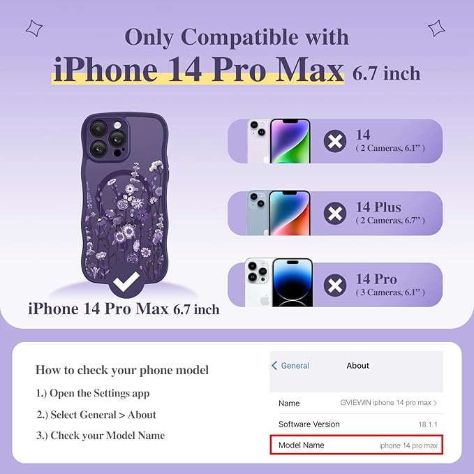 GVIEWIN for iPhone 14 Pro Max Case Compatible with MagSafe [Curly Wave Edge][Full Camera Protection] Floral Translucent Shockproof Magnetic Women Phone Case for 14 Pro Max, Floratopia/Deep Purple