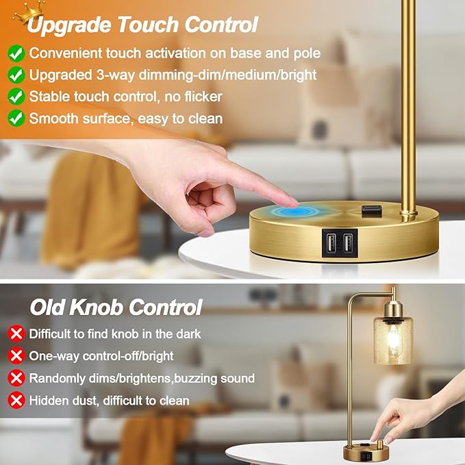 Nintiue Industrial Touch Table Lamps Set of 2-2 USB Ports & AC Outlet Nightstand Lamps, 3-Way Dimmable Bedside Desk Lamp for Living Room Bedroom, Glass Shade & 2 LED Bulbs Included - Brass