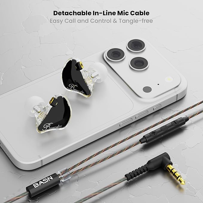BASN in Ear Monitor Headphones, Triple Driver IEM Earphones with Powerful Bass, Noise Isolation HiFi Stereo Wired Earbuds for Musicians Singers Drummers (Black)
