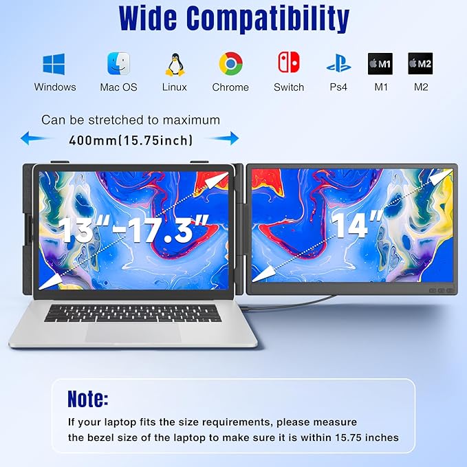 KEFEYA Laptop Screen Extender 14", FHD 1080P IPS Laptop Monitor Extender, Portable Monitor for Laptops 13-17" with USB-C/HDMI Port, Plug n Play for Windows/Mac/Android/Switch/PS5