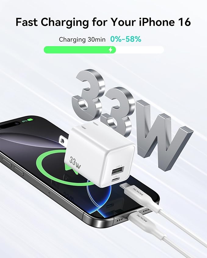 USB C Wall Charger Block 33W, Dual Port GaN PD3.0 Power Adapter Fast Type C Charging Block Foldable Plug Compatible with iPhone 17/Pro/Pro Max/17 Air/16/16 Plus/15/14/13/12, Galaxy, iPad, Airpods