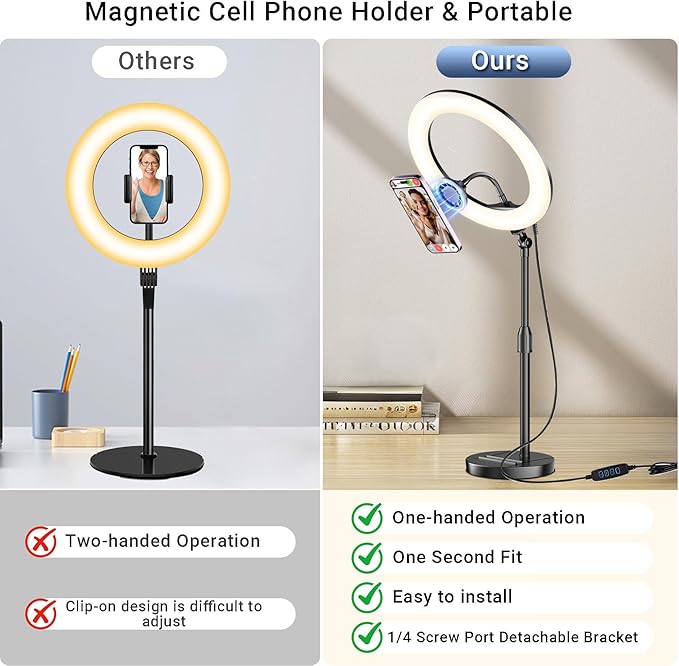 Desk Ring Light with Magnetic Phone Holder, 10'' Video Conference Podcast Lighting Kit for Laptop Computer Monitor Zoom Call Streaming, 3 Color LED Halo Light with Adjustable Stand for Home Office