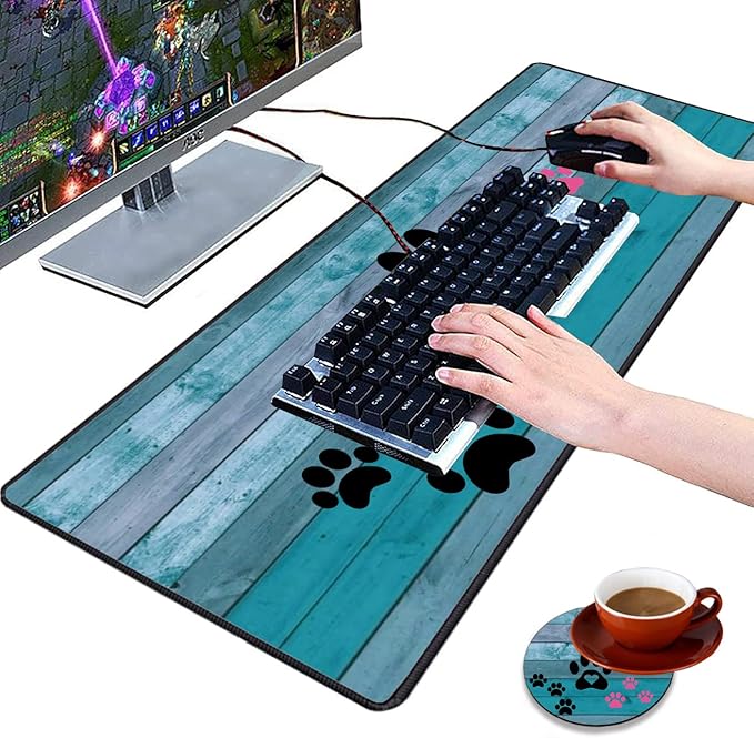 Extended Gaming Mouse Pad with Stitched Edges, Large Anti-Slip Mouse Pad (31.5x11.8 Inches) Desk Pad Keyboard Pad + Coaster for Work/Gamer/Home, Black and Pink Dog Paw Prints