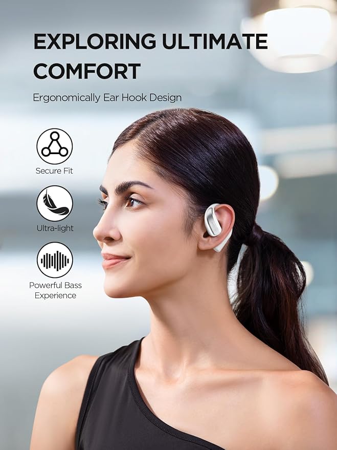 1MORE S70 Open Ear Earbuds Wireless Bluetooth, 40H Battery IPX5 Waterproof, Comfortable Lightweight Headphones for Running Gym Sports, App Control, Clear Calls, White