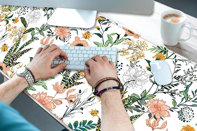 XXL Waterproof Office Desk Pad Protector 35.4x15.7 Inch - Extended Gaming Mouse Pad with Non-Slip Rubber Base, Thickened Keyboard Mat, Stitched Edges & Beautiful Floral Flowers Design
