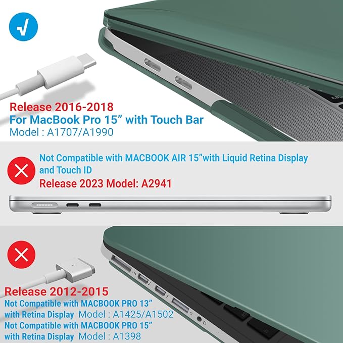 IBENZER Compatible with MacBook Pro 15 Inch Case 2019 2018 2017 2016 A1990 A1707, Hard Shell Case with Keyboard Cover & Type C Adapter for Mac Pro 15 Touch Bar, Midnitht Green, T15-MTGN+1TC