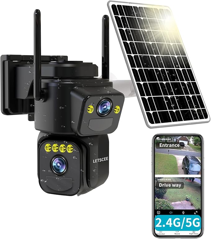 LETSCEE Security Cameras Outdoor WiFi,5G/2.4G Cameras for Home Security Solar Power with Dual Lens,Motion Detection,Night Vision,2-Way Audio,Weather Proof,No Subscription Fee