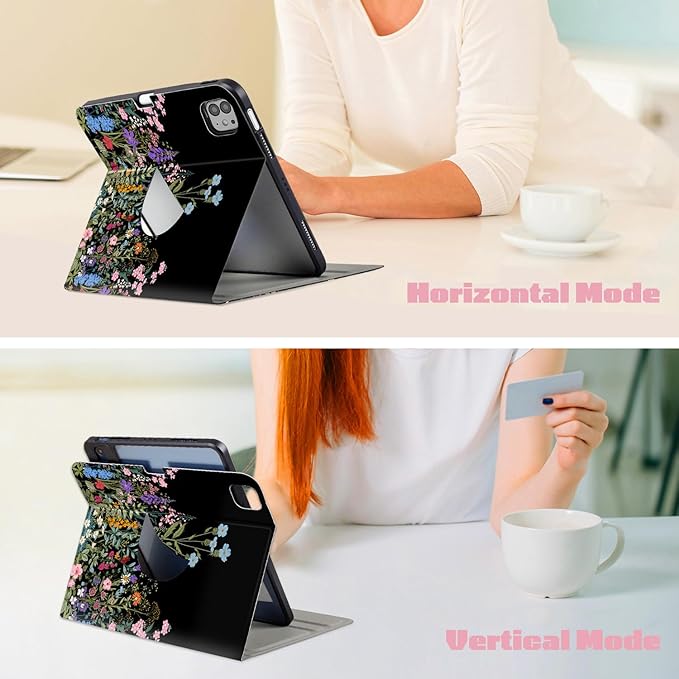 for iPad Air M4/M3/M2 11 Inch Case 2026/2025/2024, for iPad Air 5Th/4Th Gen Cases for iPad Pro 11 Inch Case 4th/3rd/2nd/1st Generation, 360 Degree Rotating Pencil Holder, Slim, Black Flowers