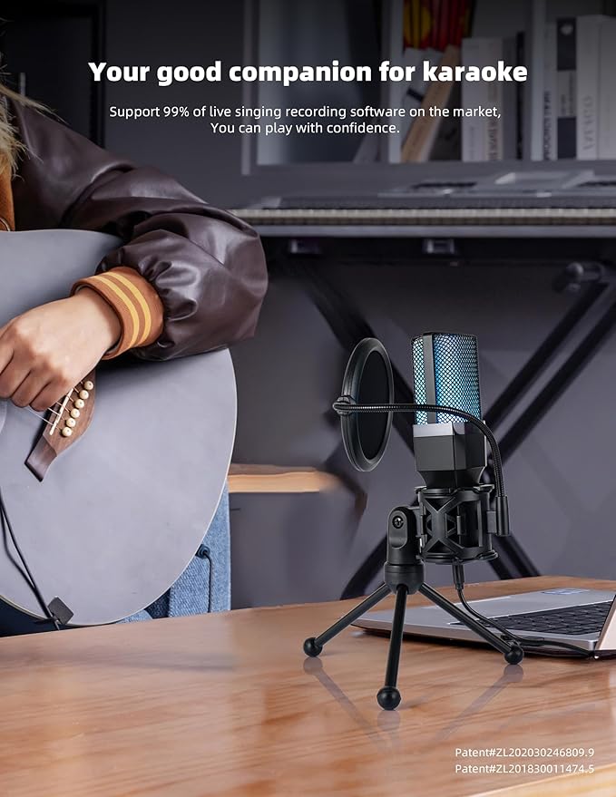 USB Microphone for PC, Cardioid Condenser Mic with RGB Light, One-Touch Mute, Gooseneck Tripod, USB-C/USB-A Computer Microphone for Gaming, Streaming, Podcasting, Recording