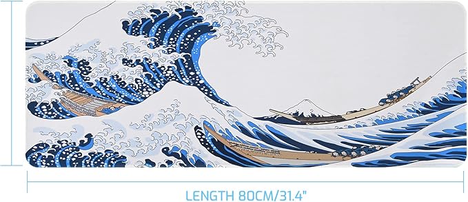 31.4"x11.8"Extended Large Gaming Mouse Pad,XL Large Non-Slip Rubber Base Mousepad with Stitched Edges,Waterproof Keyboard Mouse Mat Desk Pad,Japanese Sea Wave, White and Blue Tones