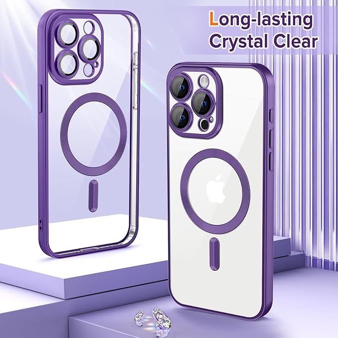 Hython Magnetic Clear for iPhone 15 Pro Max Case with Camera Lens Protector [Compatible with MagSafe] Plating Edge Slim Soft TPU Cover Protective Phone Case for iPhone 15 Pro Max 6.7", Matte Purple