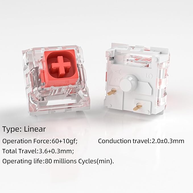 Kailh Box Red Switches for Mechanical Keyboard,3-Pin 45gf Linear/Factory Lubed/Dust&Waterproof Switches(Kailh Box Red,72Pcs)