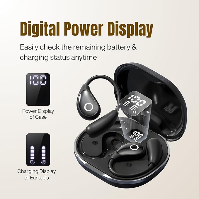 Wireless Earbuds with Earhooks, Open Ear Bluetooth 5.3 Headphones for Work & Running, 60H Playtime, LED Display, IPX5 Waterproof, USB-C Charging (Black)