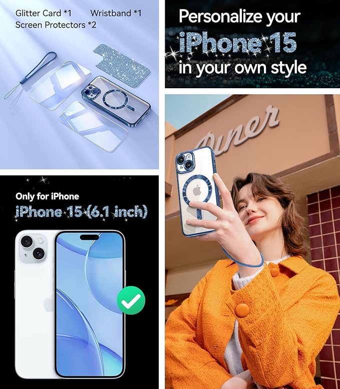 Meifigno for iPhone 15 Case 6.1", [Glitter Card & Wrist Strap] [Compatible with MagSafe] [2X Screen Protectors] Surround Raised Camera Lens Protection for iPhone 15 Case, Deep Blue