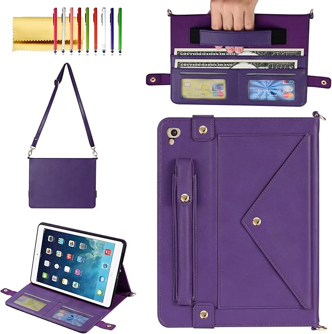 Handbag Case for 9.7-inch iPad 2018 2017 (iPad 5th/6th Generation), iPad Air/Air 2 Case, Techcircle Smart Folio Stand PU Leather Crossbody iPad Cover with Hand Strap, Pencil Holder Wallet Case, Purple