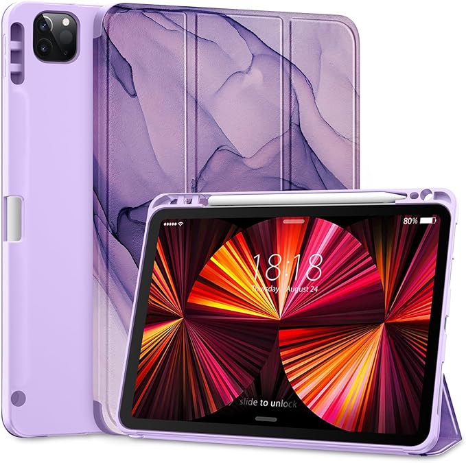 DTTO for iPad Pro 11 inch 4th/3rd/2nd/1st Generation 2022/2021/2020/2018 Case, Smart Slim Trifold Stand Soft TPU Back Cover with Built-in Pencil Holder, Also Fit iPad Air 5/4,Purple Marble