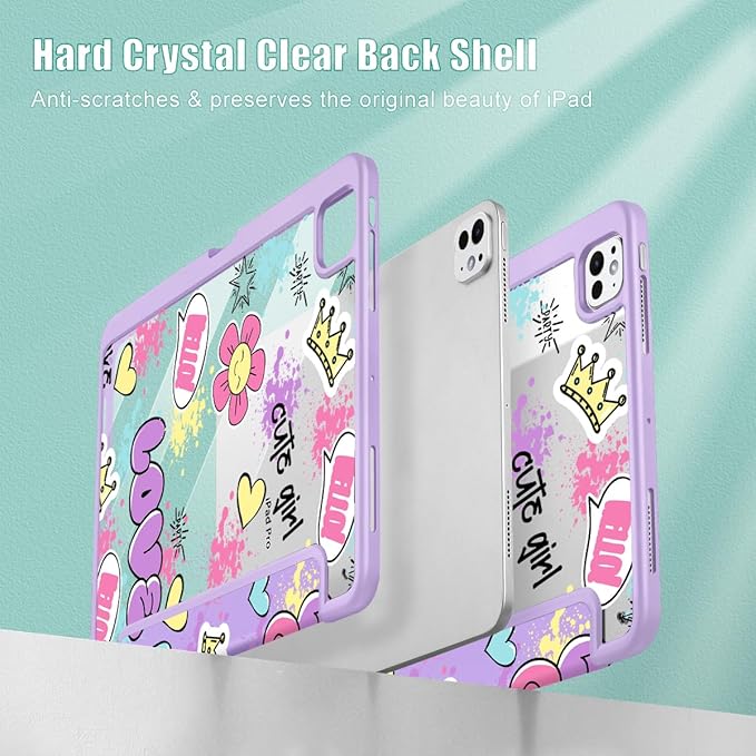 May Chen for iPad Pro 13 Inch Case M5 2025 / M4 2024, Built Pencil Holder & Clear Transparent Print Back Shell Slim Stand Shockproof Tablet Cover, Auto Wake/Sleep, Cute Girl Pattern
