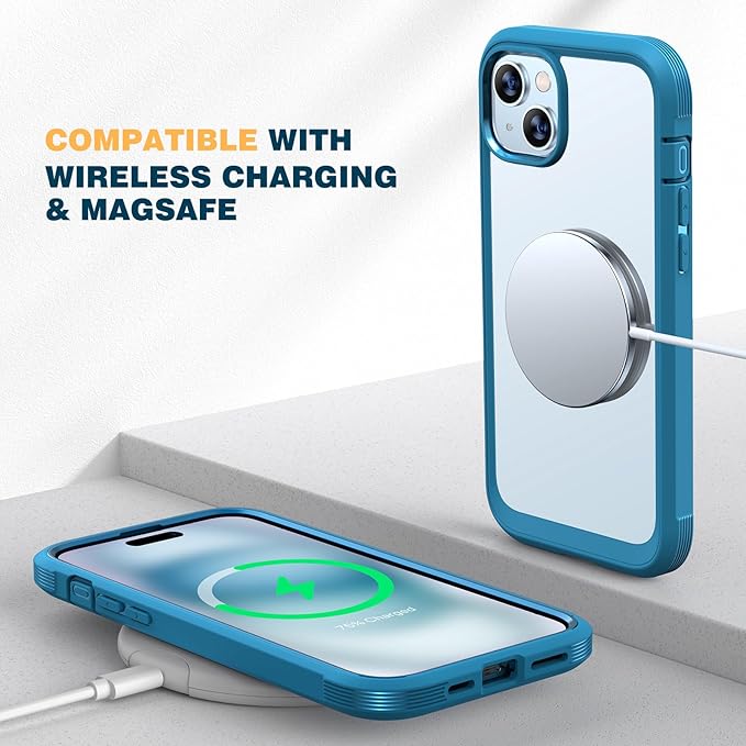 Diaclara Designed for iPhone 15 Plus Case 6.7 Inch,Full Body Rugged Clear Bumper Case w/Built-in Touch Sensitive Anti-Scratch Screen Protector+9H Tempered Glass Camera Lens Protector,Sea Blue
