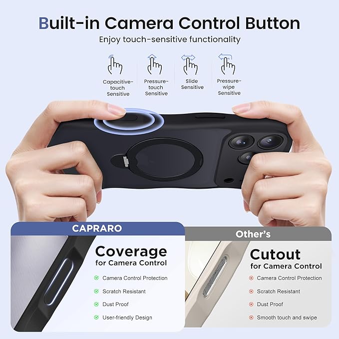 CAPRARO for iPhone 17 Pro Case with 360° Spin Magnetic Stand for Women, [Compatible with MagSafe] [Full Camera Protection] Cute Wave Translucent Matte Case for iPhone 17 Pro, Black