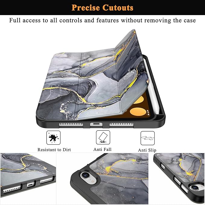 Soke Case for iPad mini 7(A17 Pro) 2024/iPad Mini 6 2021 8.3 inch with Pencil Holder-[Pencil Charging + Auto Wake/Sleep], Soft TPU Back Cover for iPad mini 7th/6th Generation(Black Marble)