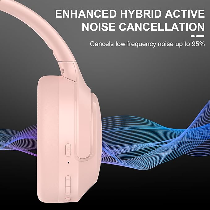 Active Noise Cancelling Headphones, 65H Bluetooth Headphones Custom EQ via App Headphones Wireless with Mic, Bluetooth 6.0 Detachable Cat Ears Foldable Headsets for Commuting Travel Work Home (Pink)