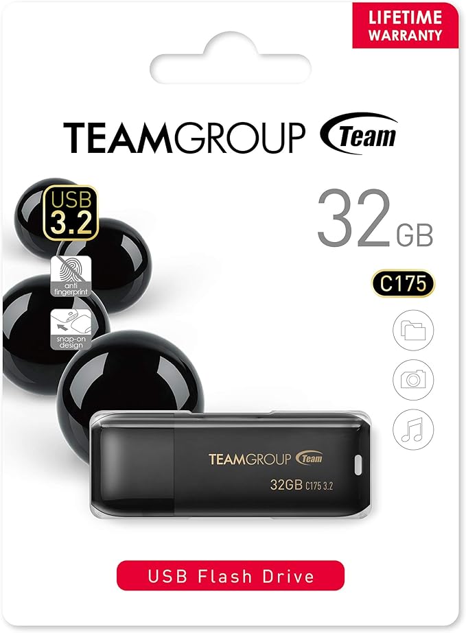 TEAMGROUP C175 32GB USB 3.2 Gen 1 (USB 3.1/3.0) Read 75MB/s Flash Thumb Drive, External Data Storage Memory Stick Compatible with Computer/Laptop Matte Black TC175332GB01