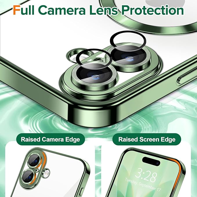 Hython Magnetic Clear for iPhone 17 Case with Camera Lens Protector [Compatible with MagSafe] Luxury Plating Edge Slim Soft TPU Cover Protective Phone Case for iPhone 17 6.3", Deep Green