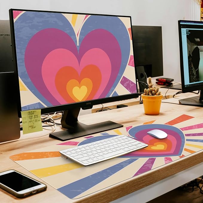 L-SPOUTTO Geometric Heart Desk Mat for Keyboard and Mouse,Abstract XXL Large Mouse Pad,35.4x15.7in Non-Slip Keyboard Pad Waterproof Desktop Mat for Laptop Computer Work Game Home Office-Groovy Heart
