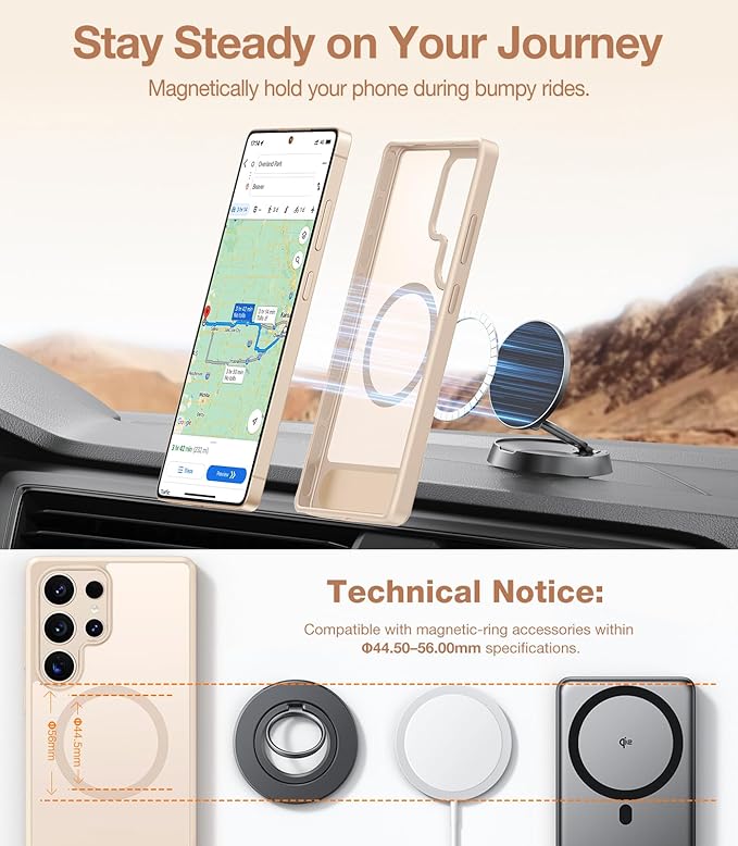 TORRAS Strong Magnetic & Seamless Stand for Samsung Galaxy S25 Ultra Case, Fit for MagSafe, Mil-Grade Drop Protection, Kickstand for Samsung Galaxy S25 Ultra Case, Translucent Back/Gold Edge