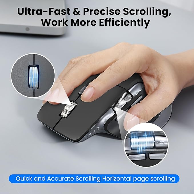 CITLLA Wireless Bluetooth Mouse, Ergonomic Rechargeable Silent Mouse with Multi-Device, Adjustable DPI, Flying Scroll & Thumb Wheel, Bluetooth Mice for Laptop, Computer, Tablet, Smartphone (Black)