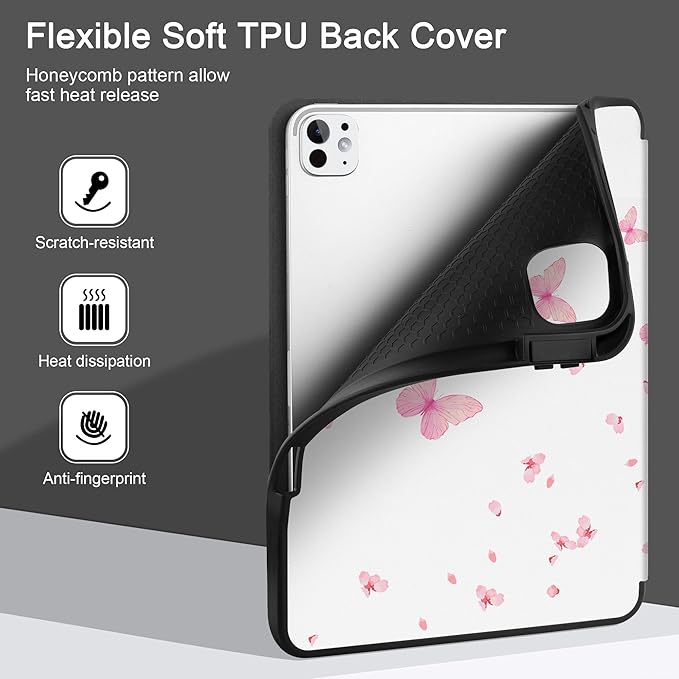 MEEgoodo Case for M5 iPad Pro 11 inch 2025/M4 iPad Pro 11 inch Case 2024, Tablet Cover with Trifold Stand & Pencil Holder & Auto Wake/Sleep & Soft TPU Back Cover, Cherry Blossoms