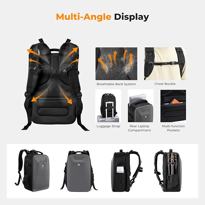 K&F CONCEPT Camera Backpack,Hardshell Photography DSLR Camera Bag with 15-15.6 Inch Laptop Compartment Waterproof Hard Shell Camera Case
