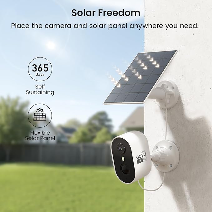 aosu 2K Solar Security Cameras Wireless Outdoor, Solar Outdoor Camera for Home Security, WiFi Camera with Color Night Vision, PIR Human Detection, 2-Way Talk, IP66 Waterproof (2 Pack)