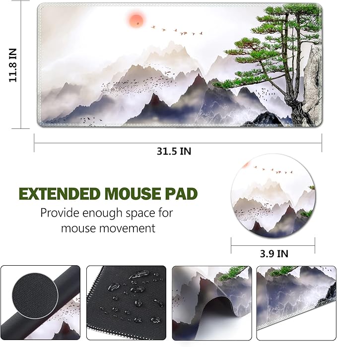 AIMSA Large Gaming Mouse Pad Extended Mouse Pad with Stitched Edge, Keyboard Mouse Mat Non-Slip Rubber Base Desk Pad 31.5x11.8 inch for Office Home Game Work, Pine Tree Mountains