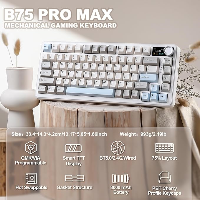 YUNZII B75 PRO MAX QMK/VIA Wireless Mechanical Keyboard,75% Layout with Screen and Knob,Custom Hot Swap Gasket,Creamy Pre-lubed Switches,Bluetooth/Type-C/2.4G for Win/Mac (Beige,Candy Switch)