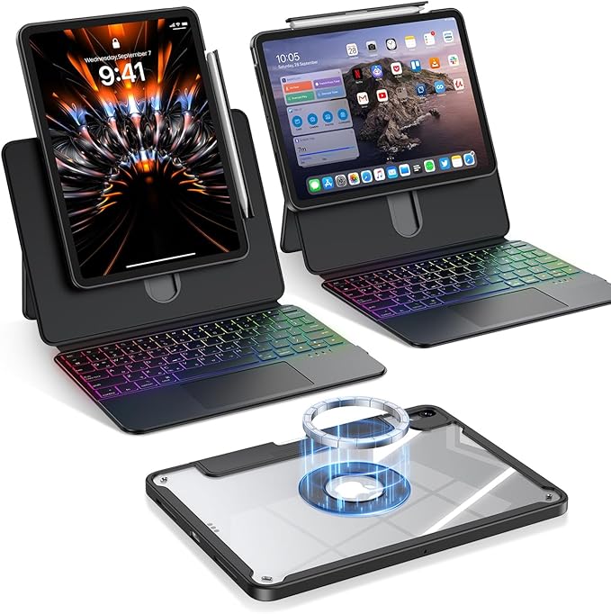 Clear Magnetic Keyboard Case for iPad Pro 13 Inch M5/M4 2025/2024, 7-Color Backlit & Multi-Touch Trackpad, Detachable 360 Rotation & Up-Down Lift Protective Case w/Stand, Black